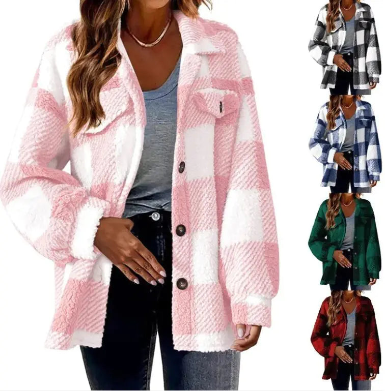 Plush Plaid Women's Autumn And Winter Open Button Lapel Thermal Plaid Pattern Jacket - Hopecommerce