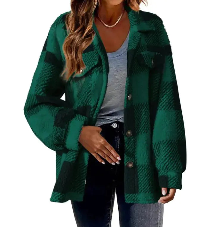 Plush Plaid Women's Autumn And Winter Open Button Lapel Thermal Plaid Pattern Jacket - Hopecommerce