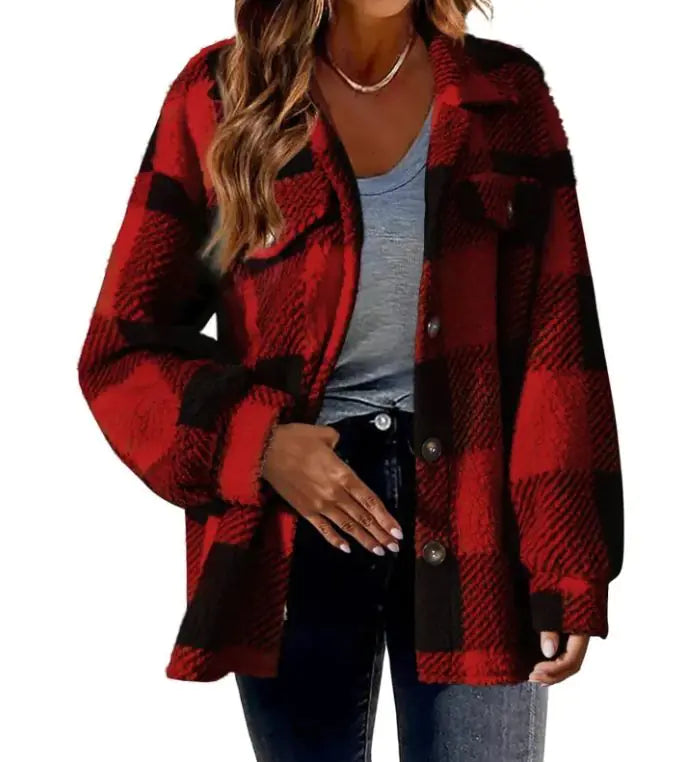 Plush Plaid Women's Autumn And Winter Open Button Lapel Thermal Plaid Pattern Jacket - Hopecommerce