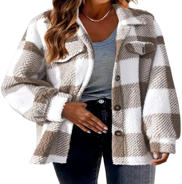 Plush Plaid Women's Autumn And Winter Open Button Lapel Thermal Plaid Pattern Jacket - Hopecommerce