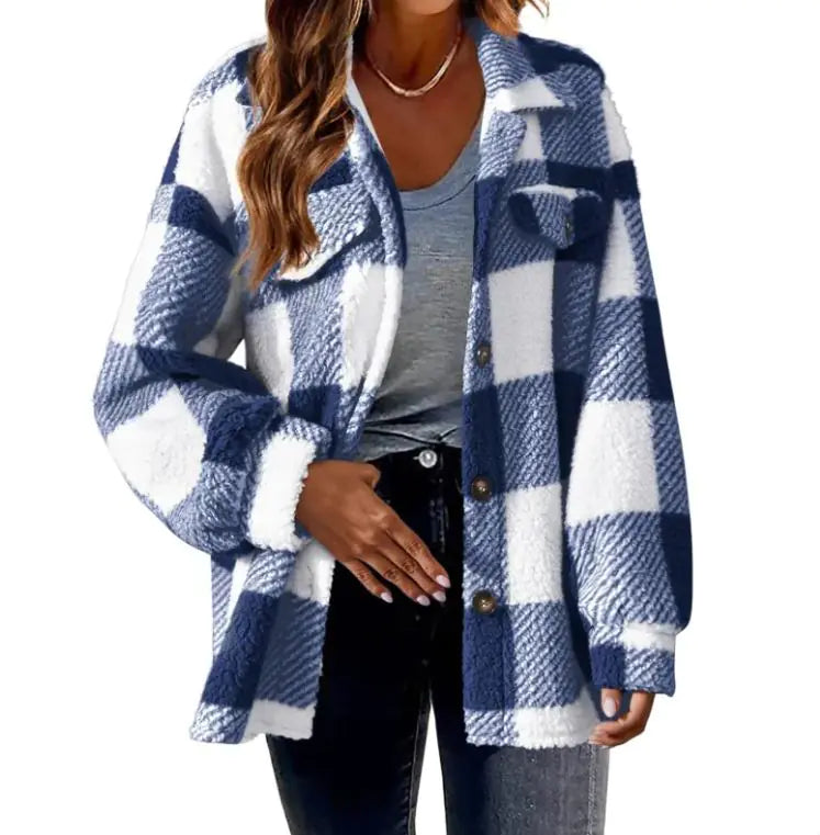 Plush Plaid Women's Autumn And Winter Open Button Lapel Thermal Plaid Pattern Jacket - Hopecommerce