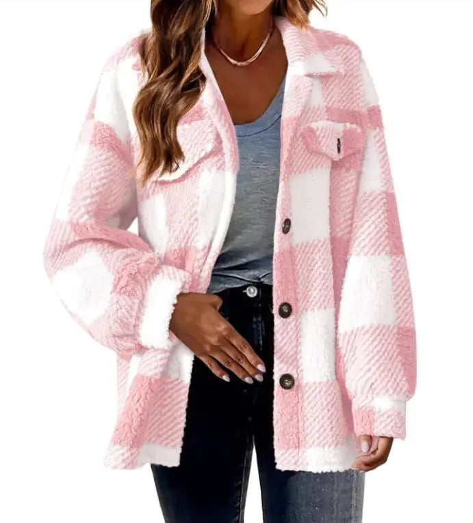 Plush Plaid Women's Autumn And Winter Open Button Lapel Thermal Plaid Pattern Jacket - Hopecommerce