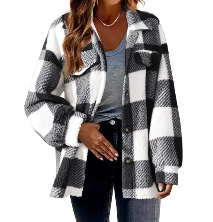 Plush Plaid Women's Autumn And Winter Open Button Lapel Thermal Plaid Pattern Jacket - Hopecommerce