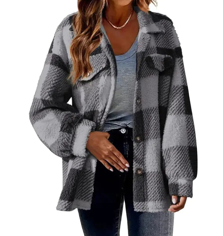 Plush Plaid Women's Autumn And Winter Open Button Lapel Thermal Plaid Pattern Jacket - Hopecommerce