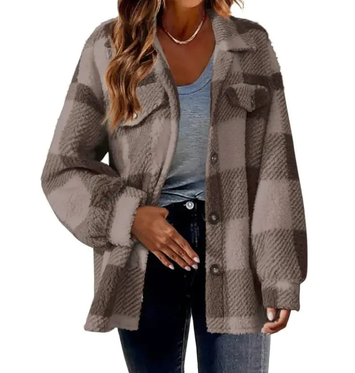 Plush Plaid Women's Autumn And Winter Open Button Lapel Thermal Plaid Pattern Jacket - Hopecommerce